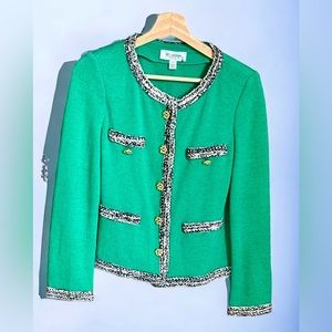 - St. John Knit Evening Emerald Green Jacket Wool Black White Trim Size 6